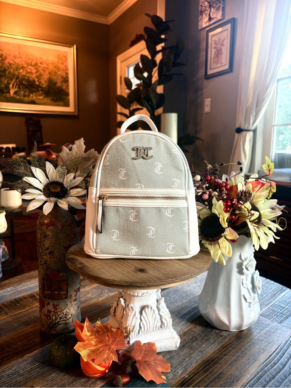 Juicy Couture Light Wash Denim Monogram Mini Backpack